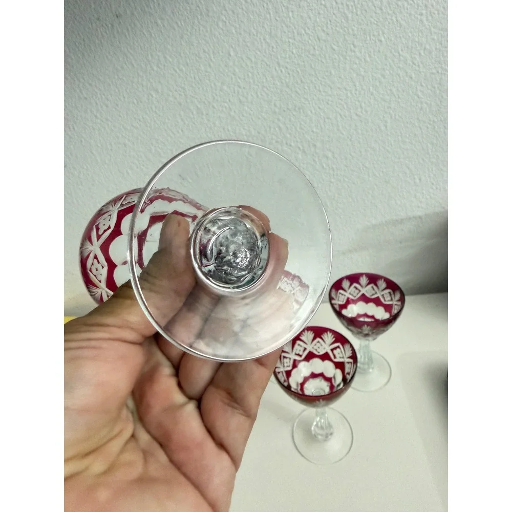 Vintage Cranberry Cut to Clear Crystal Cordial Glasses Set of 5 Ruby Red Floral